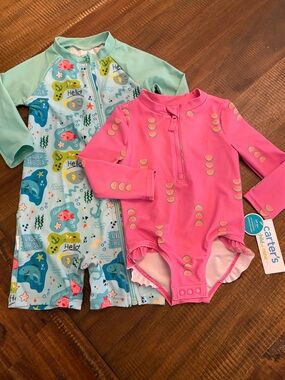 2 Baby Girl Swim Outfits - Long Sleeves Snap Leg Closure Zip Rash-guards 12-18M